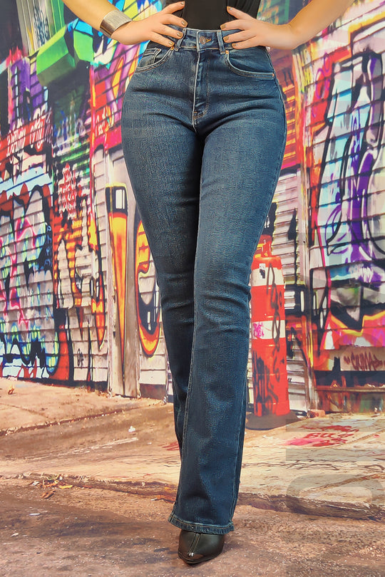 Blugi evazati cu talie inalta din denim usor elastic F917-444