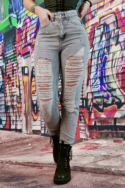 Blugi drepti cu talie inalta model destroyed patat F927-18