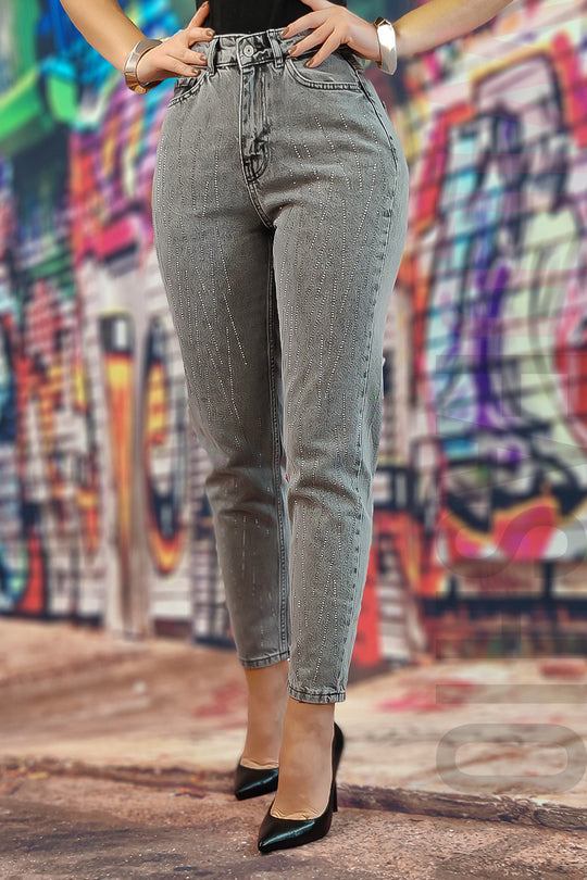 Blugi drepti cu talie inalta accesorizati cu strasuri F928-18