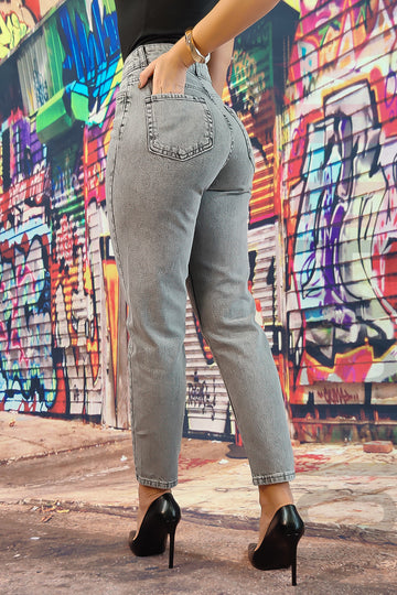 Blugi drepti cu talie inalta accesorizati cu strasuri F928-18