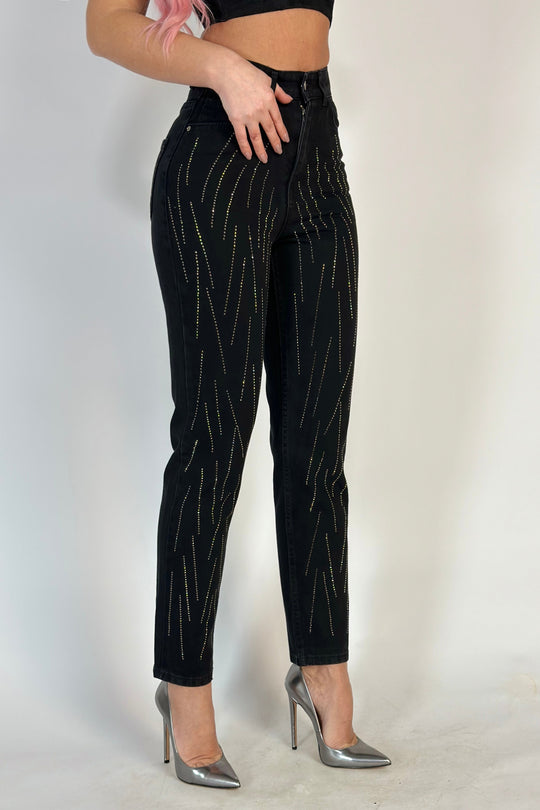 Blugi casual cu talie inalta accesorizati cu strasuri F928-1