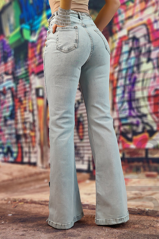 Blugi evazati cu talie inalta si capse la glezne F929-4442