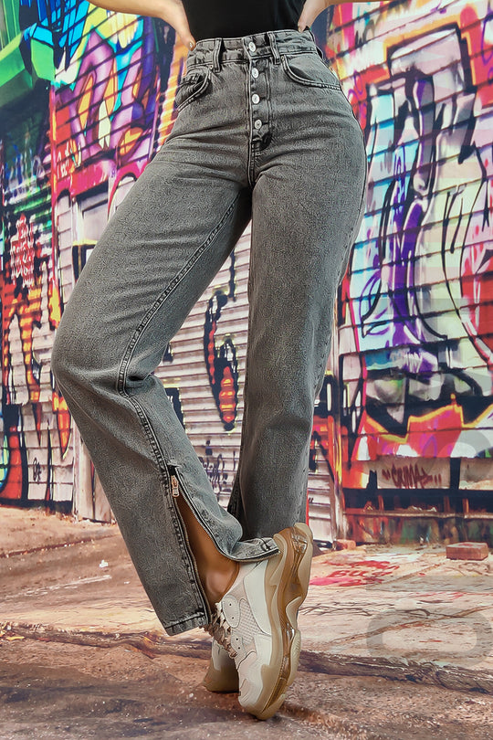 Blugi drepti cu talie inalta accesorizati cu fermoare F931-100