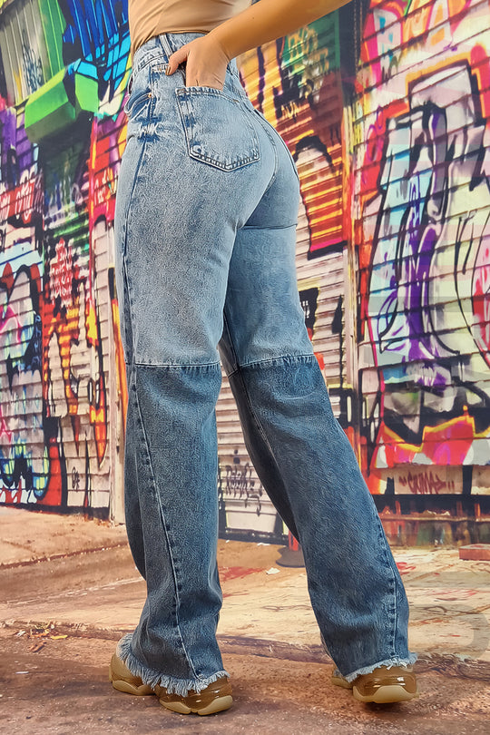 Blugi evazati cu talie inalta model din petece F932-100