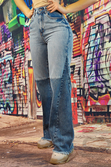 Blugi evazati cu talie inalta model din petece F932-100