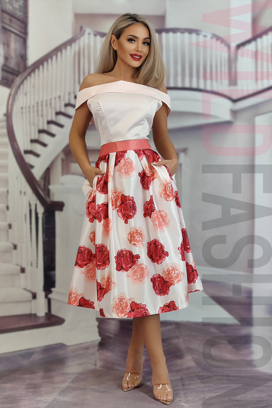 Rochie midi cu imprimeu floral si umerii goi G651RR-535