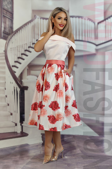 Rochie midi cu imprimeu floral si umerii goi G651RR-535