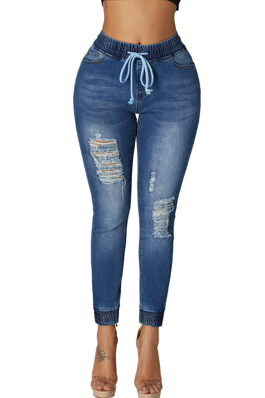 Pantaloni din denim cu talie pe elastic si taieturi G681-444