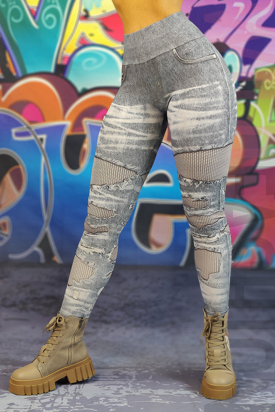 Colanti casualcu talie inalta din material elastic si print abstract G806-100