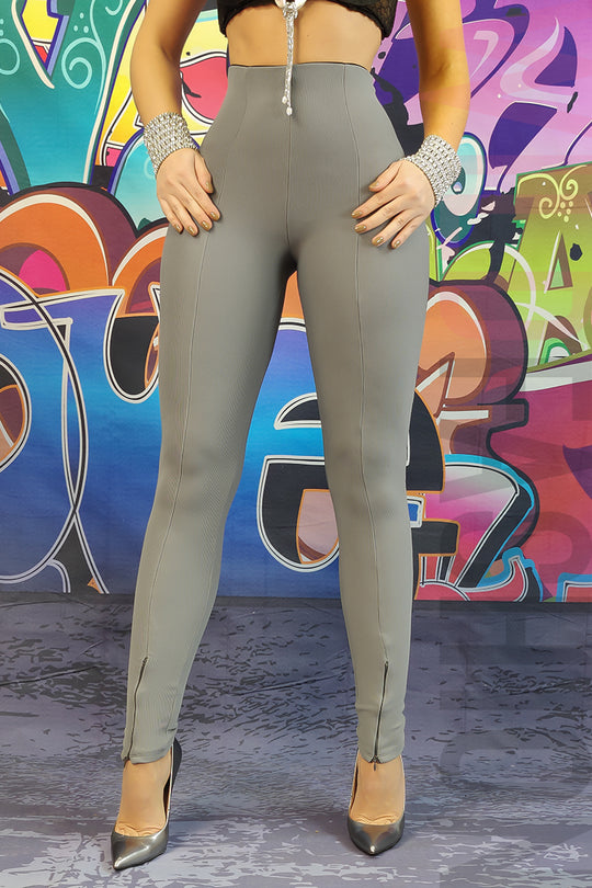 Colanti casual cu talie inalta din material reiat accesorizat cu fermoar la glezne G808-18