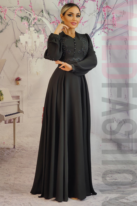 Rochie lunga eleganta de ocazie cu broderie si margele G816-1
