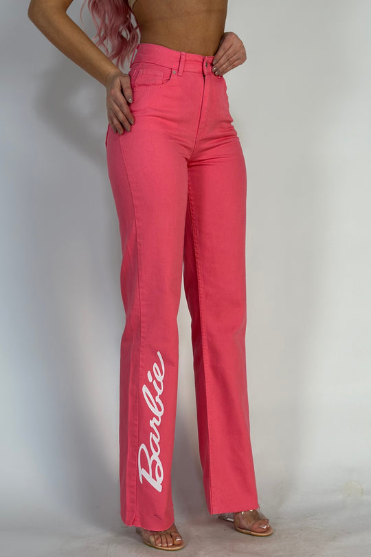 Blugi casual cu talie inalta model BARBIE din denim roz G836-5