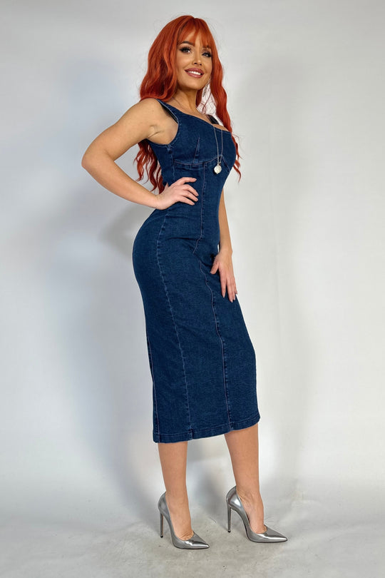 Rochie lunga, casual din denim albastru usor elastic G843-4