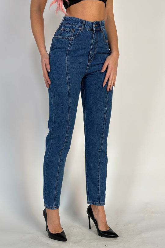 Blugi casual cu talie inalta din denim albastru, model larg (gogosar) G846-4