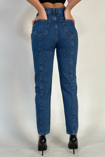 Blugi casual cu talie inalta din denim albastru, model larg (gogosar) G846-4
