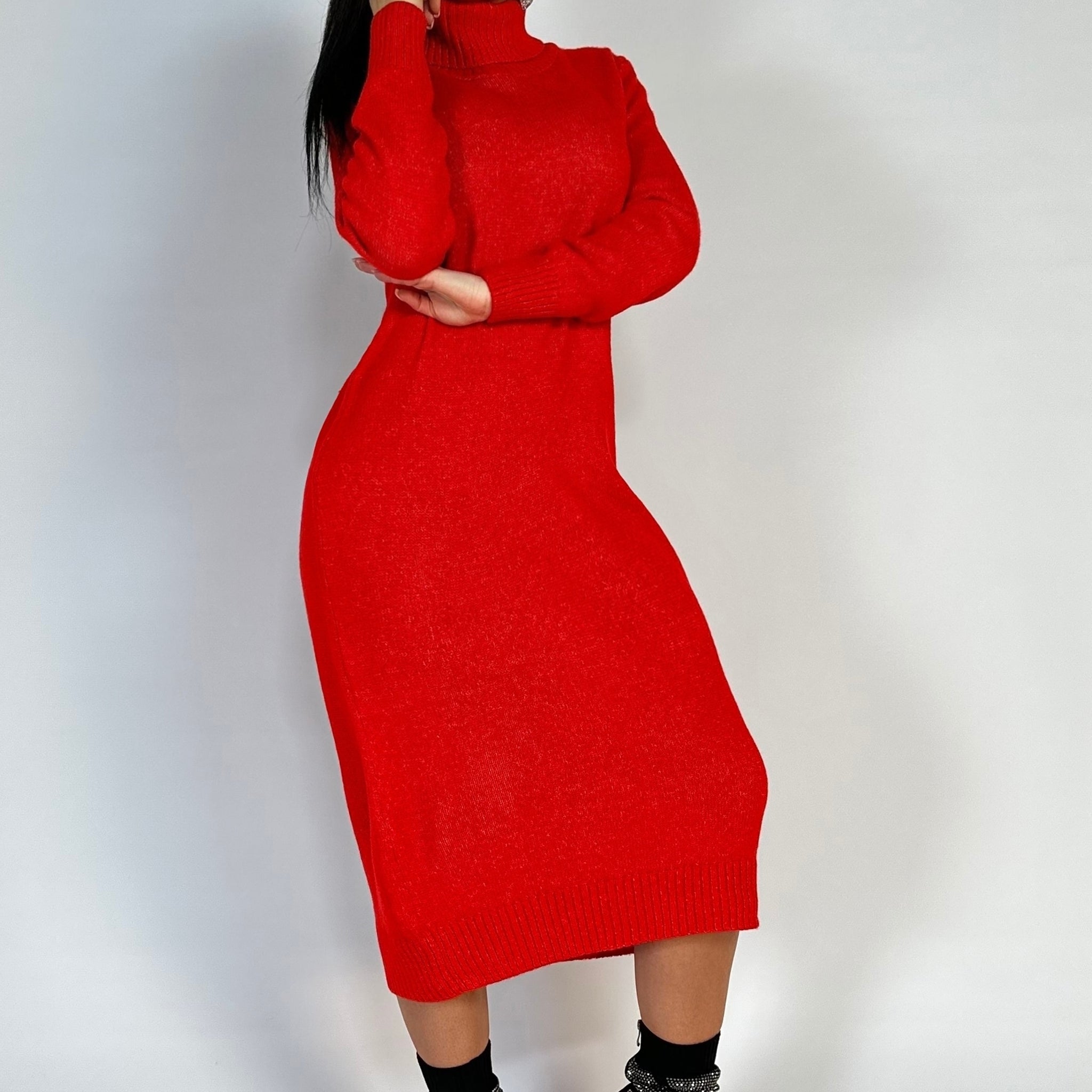 Rochie lunga tip pulover cu guler inalt din material crosetat H760-3