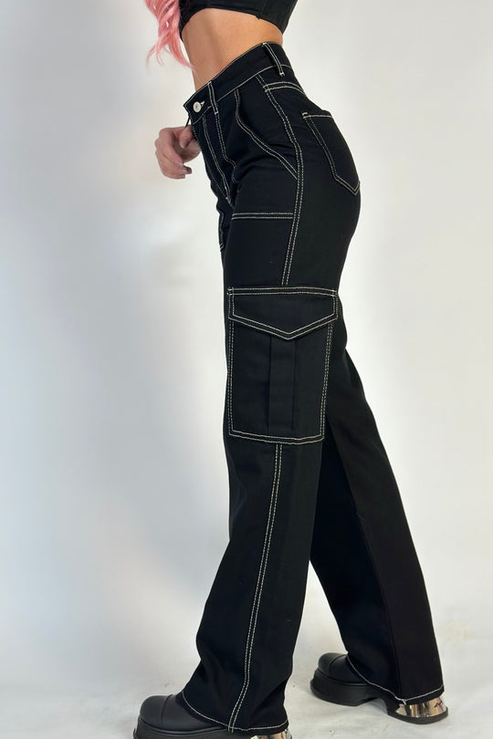 Blugi casual cu talie inalta din denim negru, model larg cu croi drept H763-1