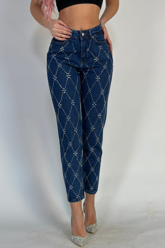 Blugi casual cu talie inalta accesorizati cu strasuri H767-4