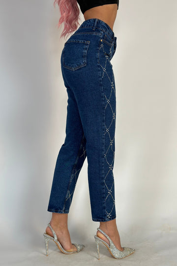 Blugi casual cu talie inalta accesorizati cu strasuri H767-4