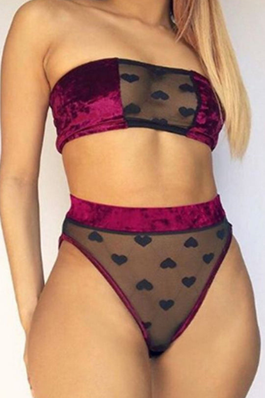 Set 2 piese lenjerie sexi din plasa cu bulinute si imitatie catifea J752-1181