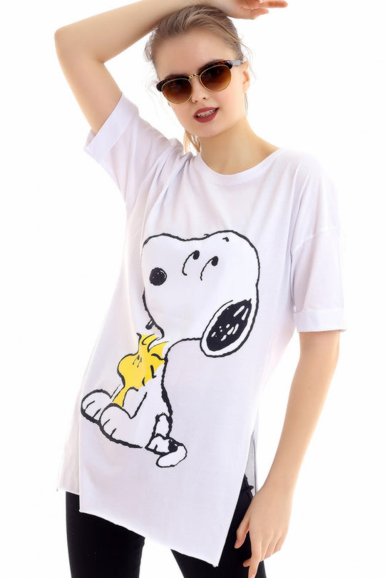 Tricou lung cu imprimeu SNOOPY si crapaturi laterale J753-2