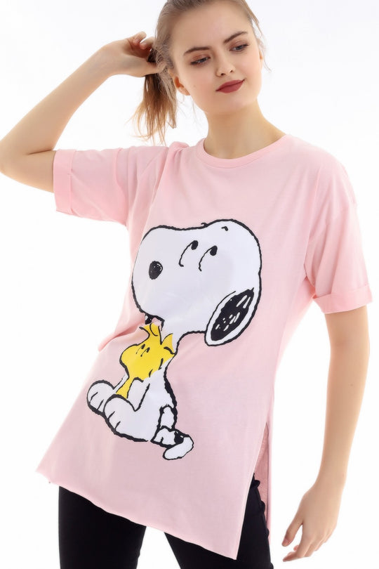 Tricou lung cu imprimeu SNOOPY si crapaturi laterale J753-5