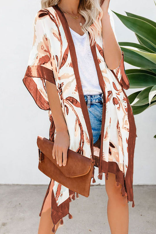 J755-219 Kimono cu print abstract si ciucurei in partea inferioara