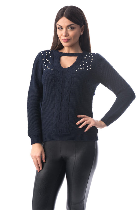 Pulover tricotat cu choker si perle sidefate J954-44