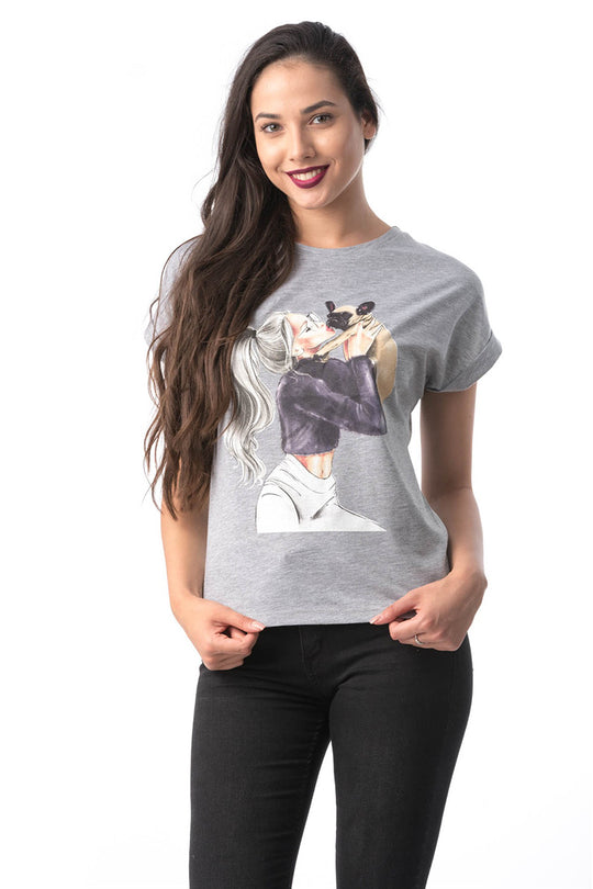 Tricou cu maneca scurta si imprimeu cu fata si caine K301-18