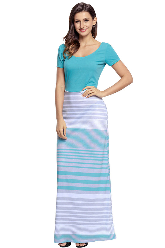 Rochie lunga stil maxi cu model dungi si maneci scurte K624-48