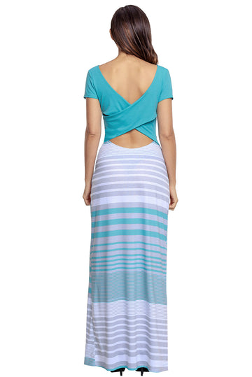 Rochie lunga stil maxi cu model dungi si maneci scurte K624-48