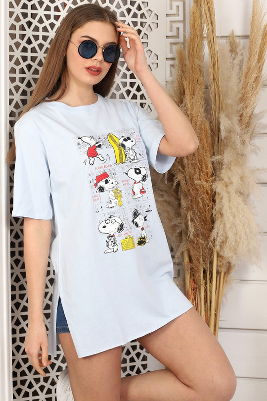 Tricou lung cu imprimeu SNOOPY si crapaturi laterale K809-2