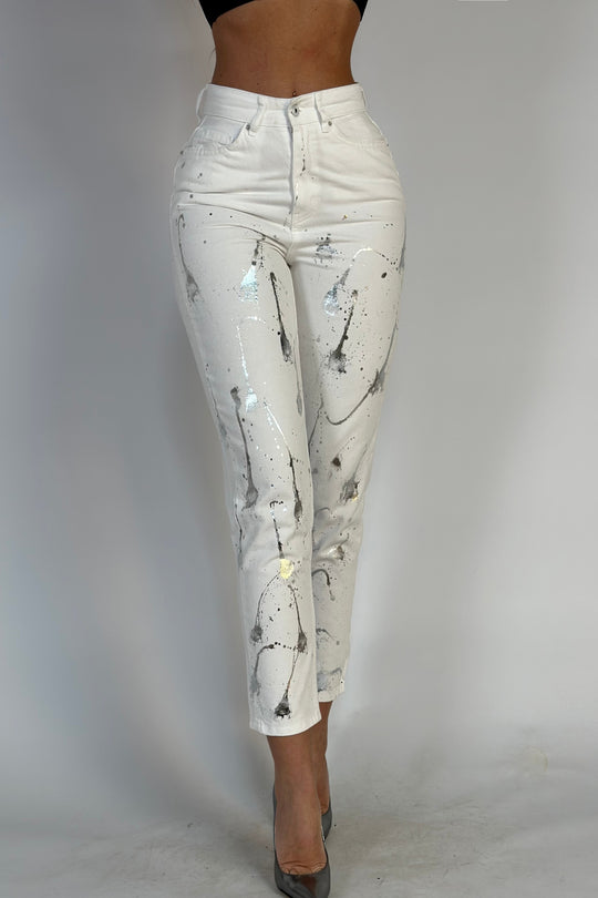 Blugi casual cu talie inalta din denim alb cu efect murdar de vopsea argintie K930-100