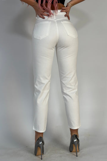 Blugi casual cu talie inalta din denim alb cu efect murdar de vopsea argintie K930-100