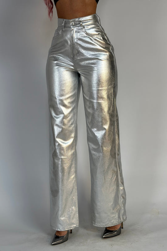 Blugi casual cu talie inalta model evazat din denim argintiu lucios K931-6