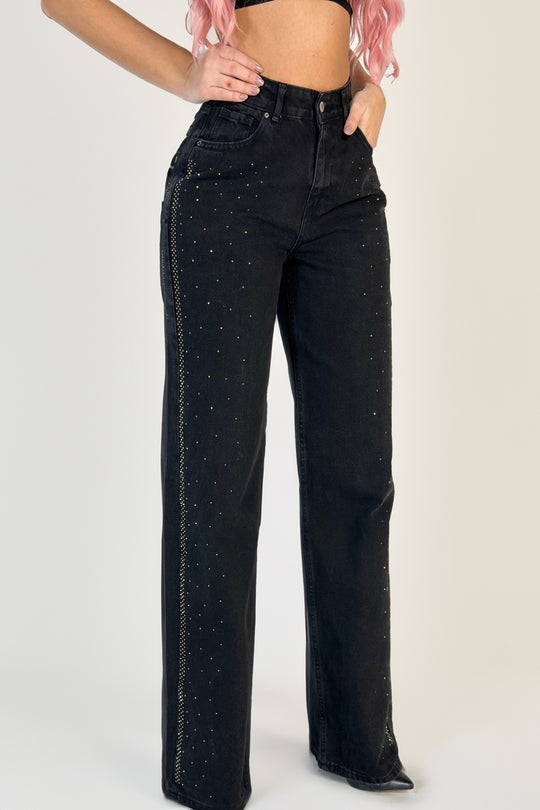 Blugi model boyfriend din denim negru accesorizat K932-1