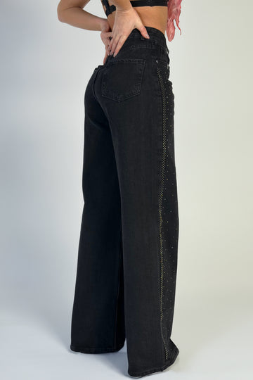 Blugi model boyfriend din denim negru accesorizat K932-1