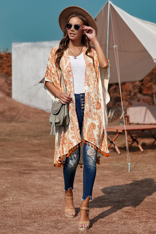 L810-219 Kimono cu imprimeu model boho cu ciucurei