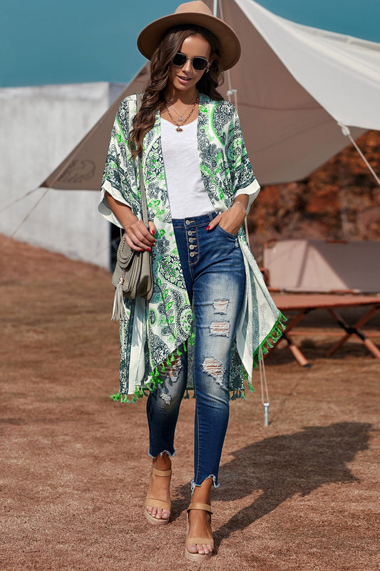 L810-2212 Kimono cu imprimeu model boho cu ciucurei