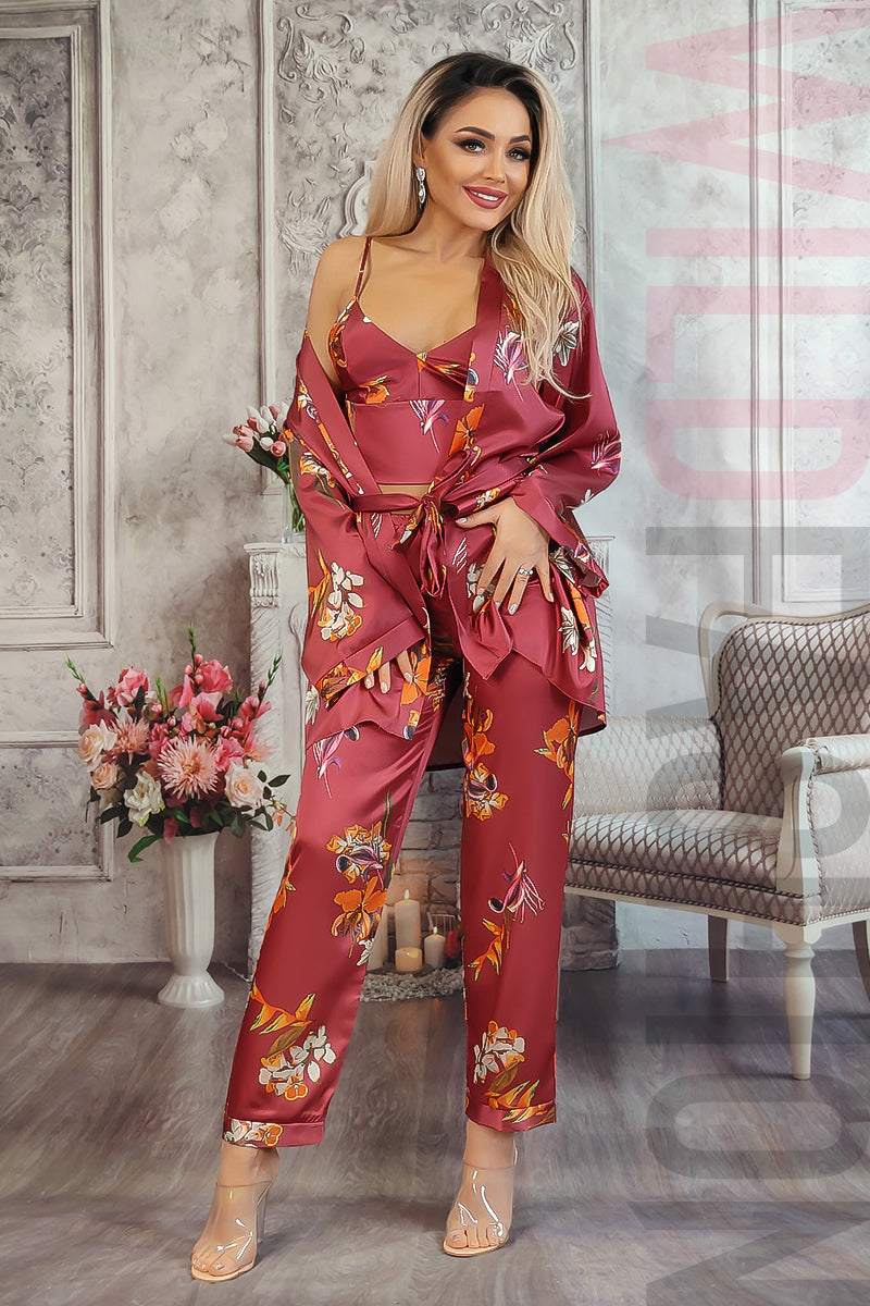 Set 3 piese pijama casual din material satinat cu print floral L834RR-81