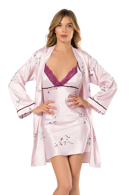 Set 2 piese lenjerie casual din desu si halat cu material satinat cu print floral L835-5