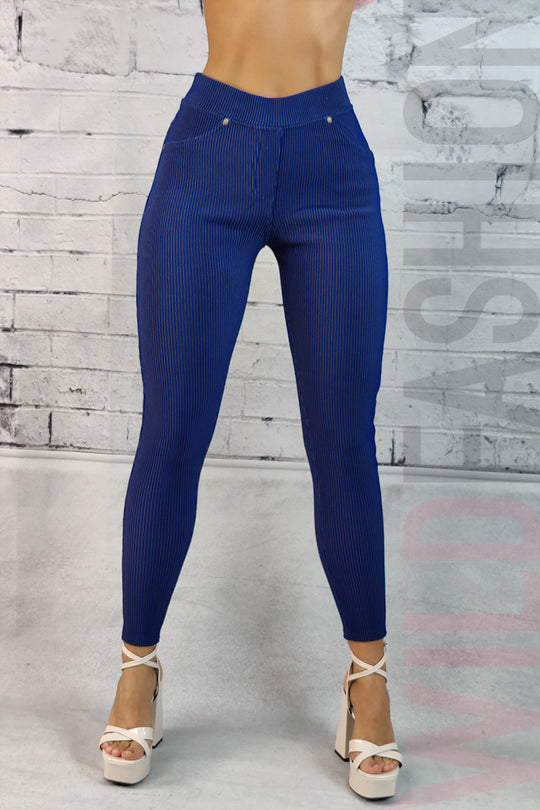 Pantaloni casual cu talie inalta tip colanti din material reiat elastic L882-44