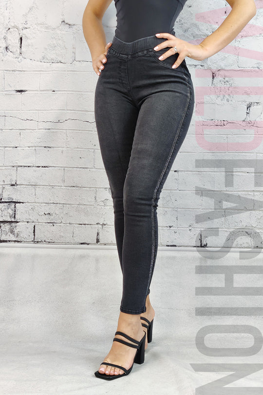 Blugi tip colanti din material elastic accesorizat cu strasuri pe laterale L883RR-1