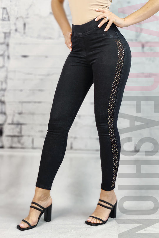 Blugi tip colanti din denim elastic cu strasuri pe laterale L887RR-1