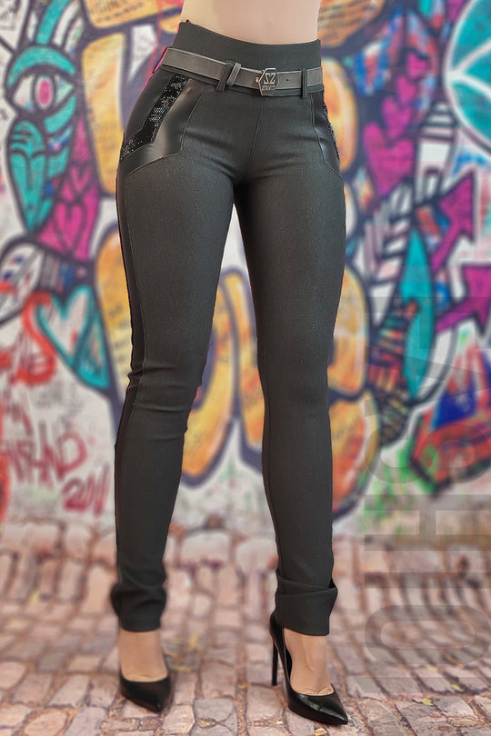 Pantaloni eleganti cu strasuri si imitatie piele L907-181