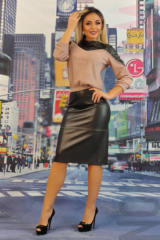 Compleu casual din bluza tip pulover si fusta cu imitatie piele L911-151