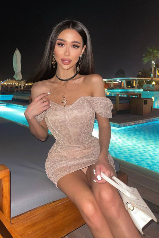 Rochie scurta sexy, de ocazie cu fir metalic auriu L938-155