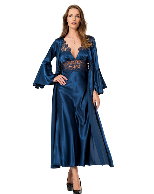 Set 2 piese lenjerie eleganta de seara din desu si halat lung cu material satinat si broderie M805-44