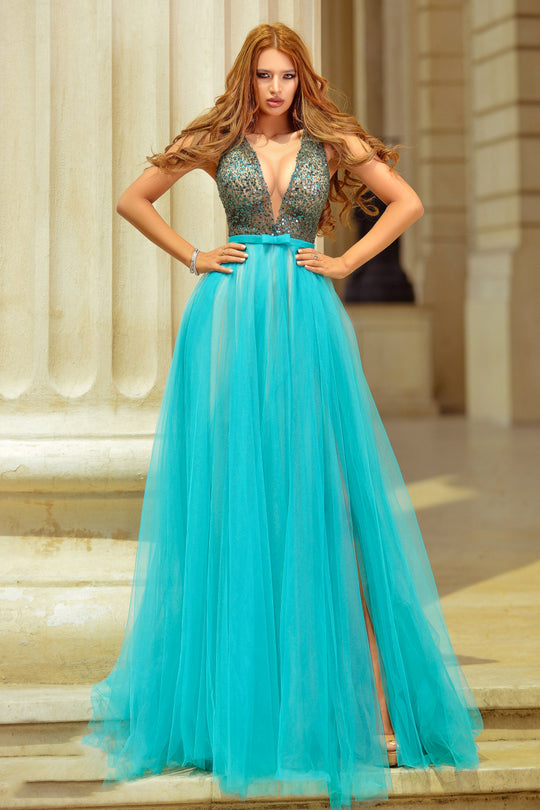 Rochie lunga de seara cu decolteu adanc in V N360-12