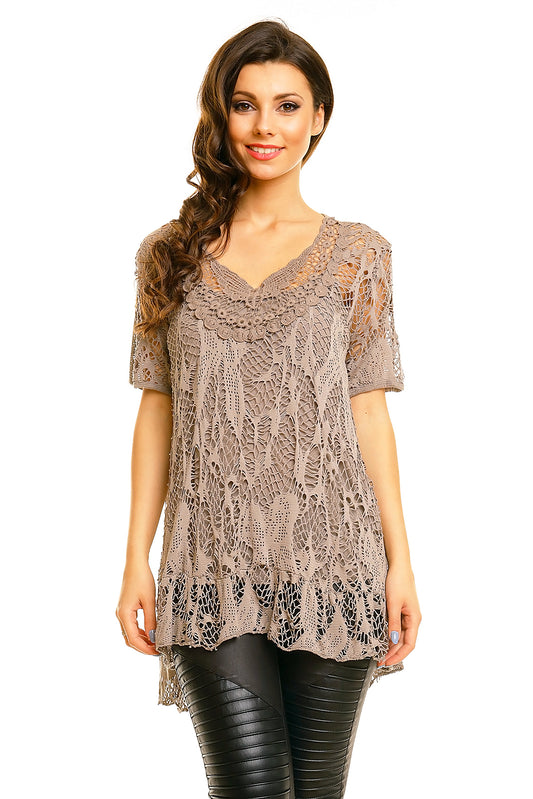 Bluza eleganta tricotata cu decolteu rotund si maneci scurte N568-8